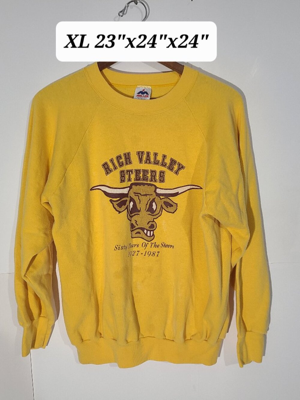 Vintage 80s Rich Valley Steers 60 Years 1927-1987 XL Yellow Sweatshirt USA